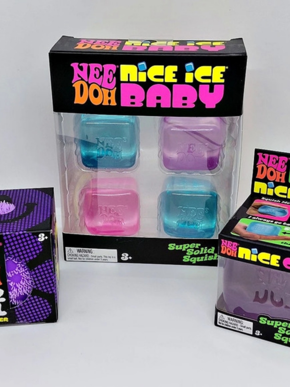 Needoh Squishy Lot Needoh Nice Ice Baby, Purple Nice Cube, & Purple Fuzz Ball